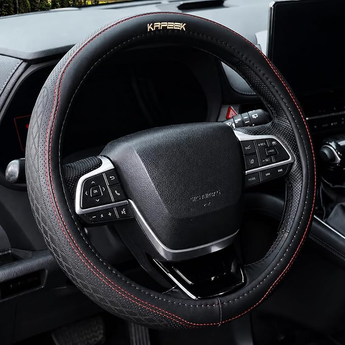 15 inch Steering Wheel Cover, Breathable Perforated Microfiber Leather, Sporty Diamond Texture, Anti-Slip Red Stitching Car Steering Wheel Protector, Universal Fit for Cars SUVs Trucks, Black