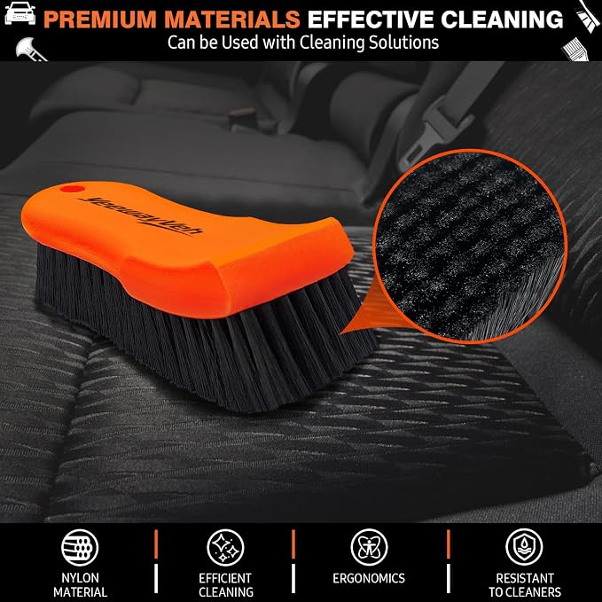 7PCS Car Interior Detailing Kit, Horse Hair Leather Brush for Car Seat, Carpet Brush, Soft Car Detailing Brush, Microfiber Towels & 2 Wax Applicator Pads, Car Interior Care Kit, Orange