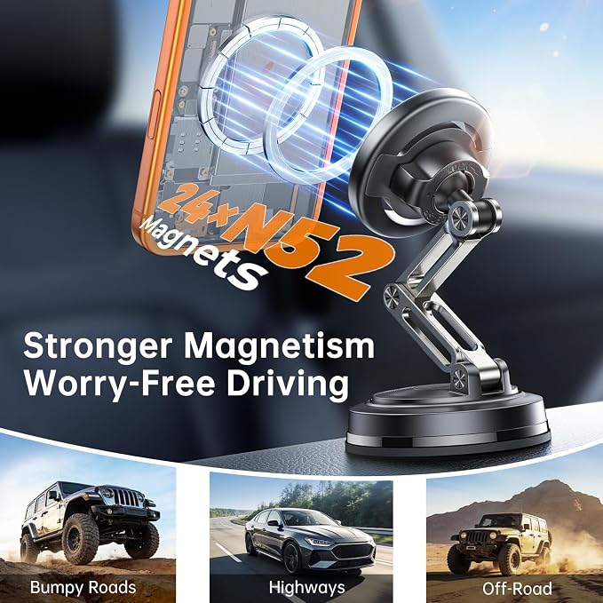 for MagSafe Car Mount, [3-Axis Adjustable] Vacuum Magnetic Phone Holder, Replaceable Suction Cup (Dashboard/Windshield), 360° Rotation, Foldable, for iPhone 17-12 Pro/Max/Plus, Carbon-Fiber