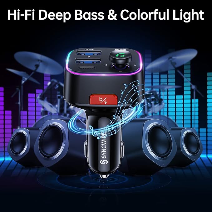 Bluetooth 5.4 FM Transmitter Car Adapter 48W (PD 36W & 12W) [Light Switch] [HiFi Bass Sound] [Fast Charging] Wireless Radio Music Adapter LED Display Hands-Free Calling Support USB Drive