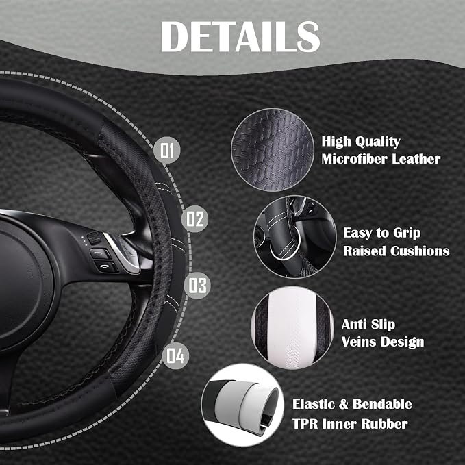 Line Rider Microfiber Leather Sporty 14.5-15 inch Steering Wheel Cover Universal Fits for 95% Truck,SUV,Cars, Anti-Slip Safety Comfortable Design (Black Carbon Fiber)