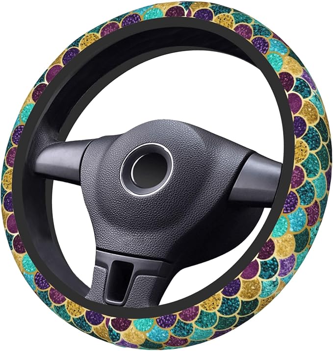Glitter Mermaid Scales Steering Wheel Cover Cute for Women Men Car Accessories Universal 15 Inch Anti-Slip Automotive Steering Wheels Protector Covers for Truck SUV Sedan Turquoise