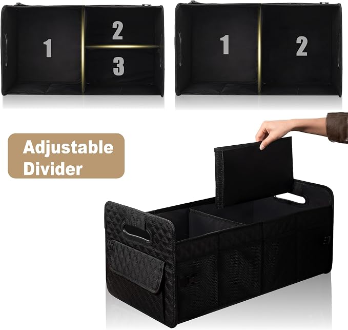 Car Trunk Organizer for SUV, Car Storage Organizer Collapsible Multi Compartment Container Box, Adjustable Car Accessories for Women/Men, Large Black