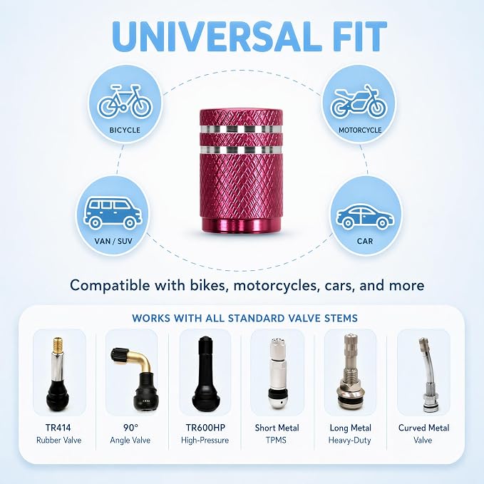 Tire Valve Stem Caps 8 Pack, Aluminum Tire Valve Caps with Plastic Liner, Corrosion Resistant Leak Proof Air Valve Caps, Universal Valve Stem Caps for Cars, Trucks, SUVs, Motorcycles and Bikes