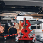 Transmission Jack 450 LBS Capacity: Low Profile Lift with 2M Safety Straps & 4 Brake Wheels, 7-23 Inch Range for Car & Truck Repair (Red)