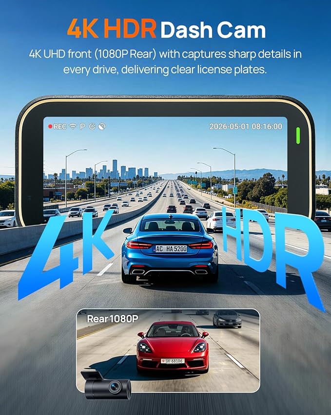 A810 Lite 4K Dash Cam Front and Rear, 5GHz Wi-Fi 6 DashCam, Car Camera 4G LTE Remote Access, GPS Tracking, HDR Night Vision, 24H Parking Mode, Voice Control, Emergency Lock, Loop Recording
