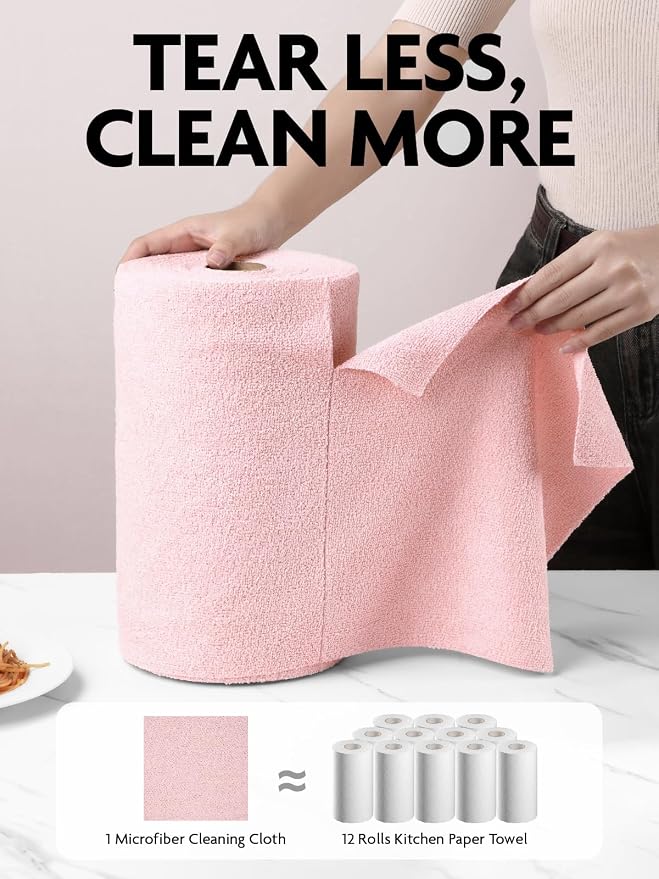 Microfiber Cleaning Cloth Rolls- 675 Sheets (9 Rolls of Pink) | 12'' by 12'', Super Absorbent, Lint-free, Tear-away Microfiber Towel Roll, for All-Purpose Cleaning