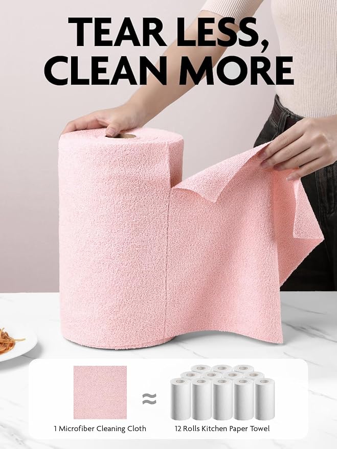 Microfiber Cleaning Cloth Rolls- 150 Sheets (2 Rolls of Pink) | 12'' by 12'', Super Absorbent, Lint-free, Tear-away Microfiber Towel Roll, for All-Purpose Cleaning