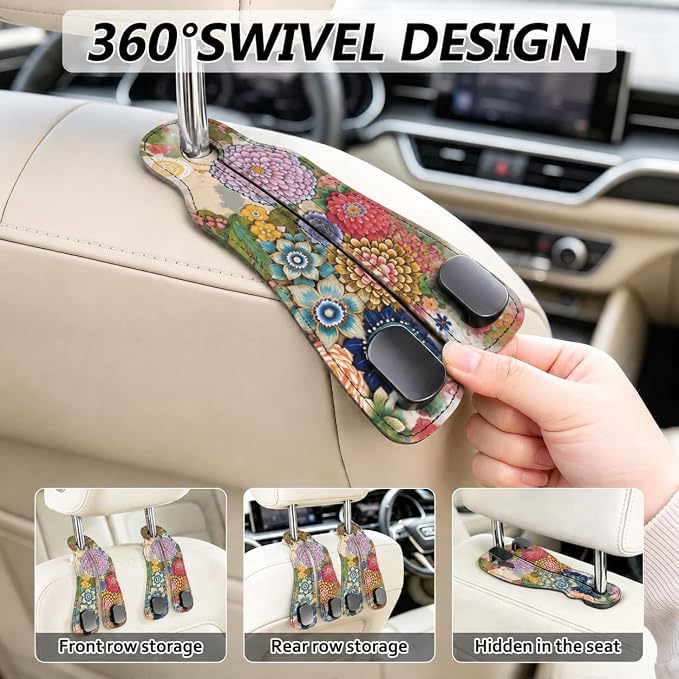Cute Boho Floral Car Seat Back Storage Headrest Hooks for Purses & Bags – 2PCS PU Leather Dual Metal Hooks, Backseat Organizer Accessories