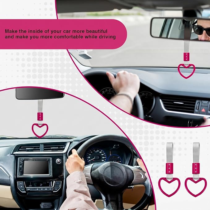 2PCS Heart Shaped Car Handle Straps, Rear Bumper Warning Keychain Ring for Car Exterior Accessories (Hot Pink-Silver)