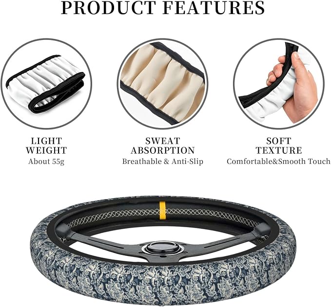 Flowers Steering Wheel Cover Car Elastic Steering Wheel Protector | Asian Ethnic Anti-Slip Breathable Car Accessories Interior for Women Men Universal 15 Inch Fit Auto SUVs Vans Truck