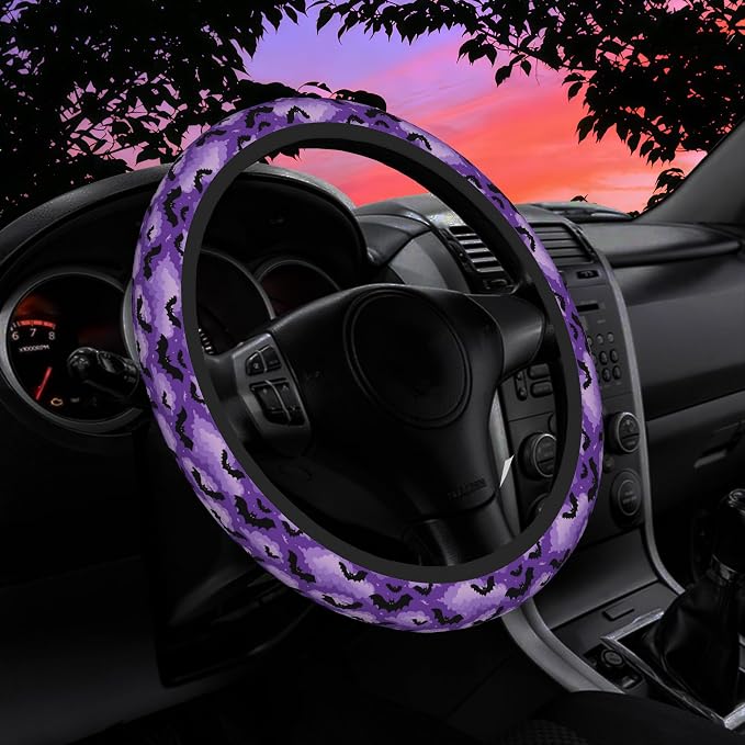 Gothic Purple Black Bats Steering Wheel Cover for Women Men Neoprene Breathable Wheel Cover Protector Anti-Slip Car Accessories Universal 15 Inch Fit for Cars Trucks Vehicles