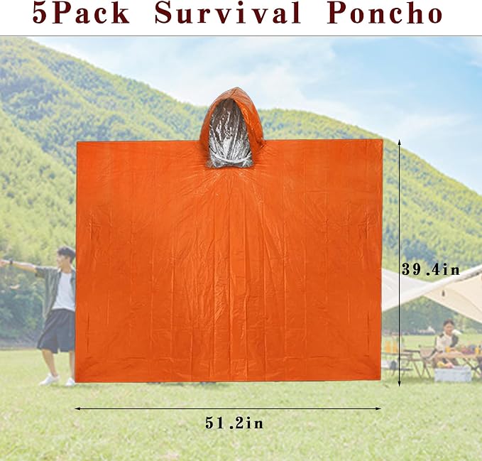 5Pack Emergency Poncho Portable Thermal Mylar Survival Rain Poncho with Hood for Adults Emergency Supplies and Survival Kits for Outdoor Camping,Hiking,First Aid,Orange