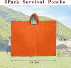 5Pack Emergency Poncho Portable Thermal Mylar Survival Rain Poncho with Hood for Adults Emergency Supplies and Survival Kits for Outdoor Camping,Hiking,First Aid,Orange