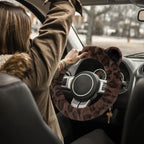 Fuzzy Car Steering Wheel Cover, Warm Fluffy Leopard Steering Wheel Cover with Cute Ears, Soft Plush Furry Car Accessories Decor for Women, Non-Slip Universal 15 inch Fit Vehicle, Truck, SUVs