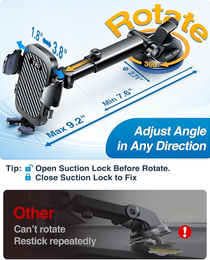 YRU True Military-Grade Shock Mounting Kits [360° Rotation Suction] 2026 Ultimate Car Phone Holder Mount【90+LBS Safest Strongest & Patent Certs】 Dash Windshield for iPhone 17 16 Pro Max, Gloss Black