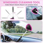 Pink Windshield Cleaner Tool, Car Interior Cleaning Kit with Extendable Handle and 3 Reusable Microfiber Pads, Auto Glass Wiper and Detailing Brush Kit for Car & Home Window