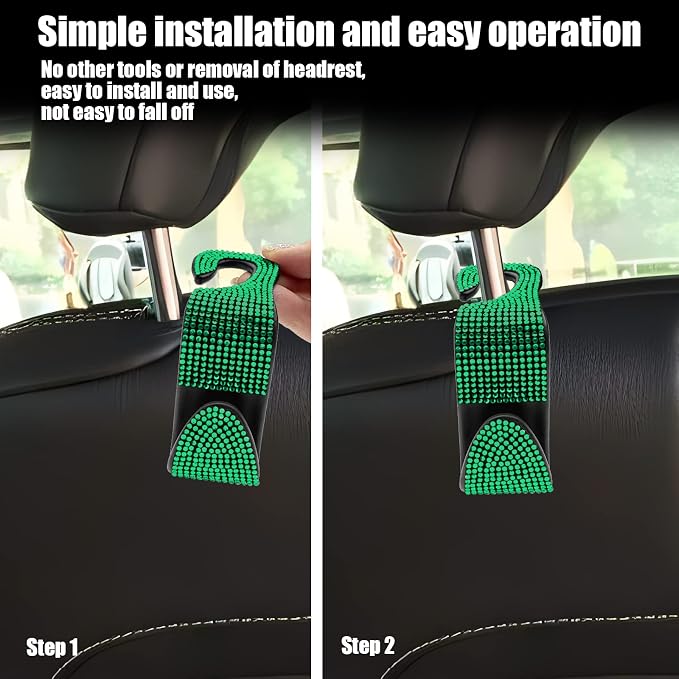 2PCS Car Seat Hooks, Bling Car Rhinestone Headrest Hooks, Universal Bling Car Interior Accessories, for Handbag, Clothes, Purse, Water Bottle (Green)