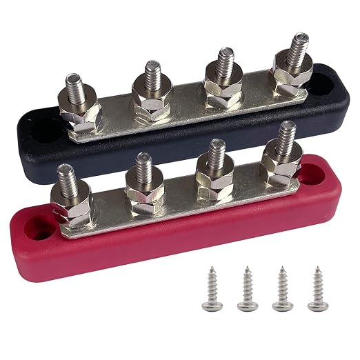 4 x #10 (M5) Studs Bus Bar, 4.2" Power/Ground Distribution Block Brass Battery BusBar Junction with Cover for Auto Boat Amplifier and More (Red & Black)