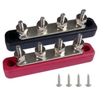 4 x #10 (M5) Studs Bus Bar, 4.2" Power/Ground Distribution Block Brass Battery BusBar Junction with Cover for Auto Boat Amplifier and More (Red & Black)