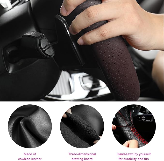 Genuine Leather Steering Wheel Cover, Stitch on Wrap, Breathable Anti-Slip Car Steering Wheel Protector for Max Diameter 15 Inch, DIY Sewing with Needles Thread (Coffee, Middle Hole)