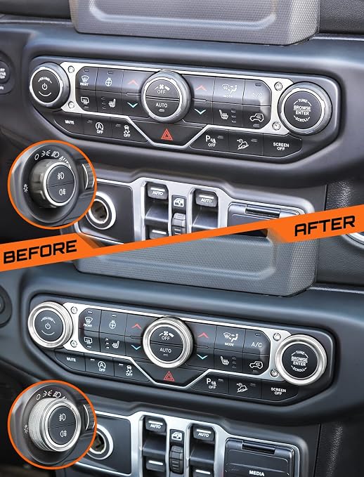 Climate Control Panel Knob Trim Kit & Light Control Switch Cover, Air Conditioner Knob Aluminum Alloy Ring for 2018-2024 Jeep Wrangler JL JLU & Gladiator JT, Interior Accessories, Silver