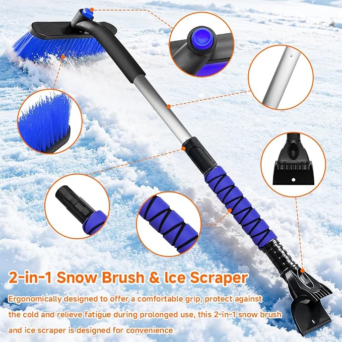 Snow Brush with Ice Scraper, Ice Scrapers, Car Windshieldand Extendable Snow Brush with Foam Grip and 360° Pivoting Brush Head, Detachable Snow Scrapers & Ergonomic Foam Grip for Cars (Blue)