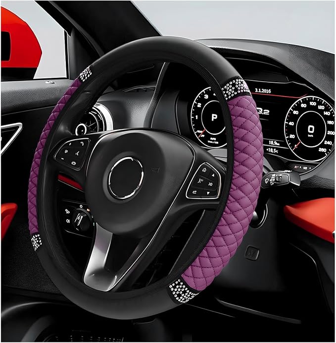 Bling Car Steering Wheel Cover, 15 Inch Sparkly Rhinestone Soft Leather Steering Wheel Protector, Non-Slip Universal Auto Elastic Steering Wheel Covers for Women Girls (Purple)