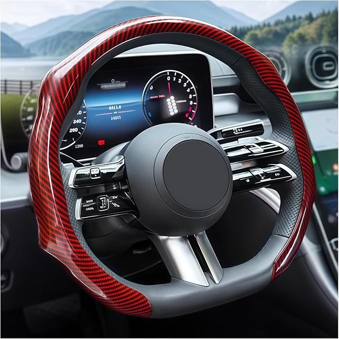 Zpana Carbon Fiber Car Steering Wheel Cover, Leather Non-Slip Vehicle Steering Wheel Cover for 14.5-15 Inch, Comfortable Auto Interior Protector Decoration Accessories, Universal Fit(Red)