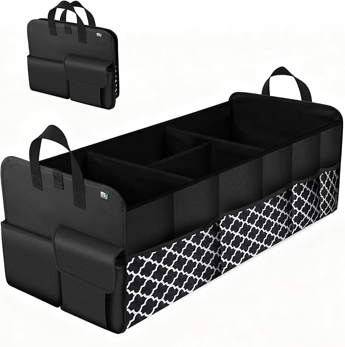 Trunk Organizer for SUV, Car Organizer, Collapsible Trunk Organizer for Car, Non-Slip Storage Organizer for Sedans, Van, Jeep, Grocery, Large 4 Compartments, Black Grid 32"×13"×12"