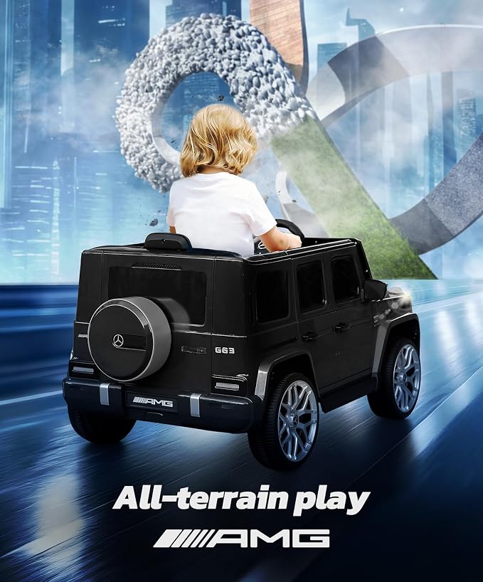 Licensed Mercedes-Benz AMG G63 Ride on Toys,12V Ride on Car with Remote Control,Rechargeable Battery,Flickering Lights/LED Lights, Bluetooth,Music, Soft Start, Low Battery Prompt,Dark Black