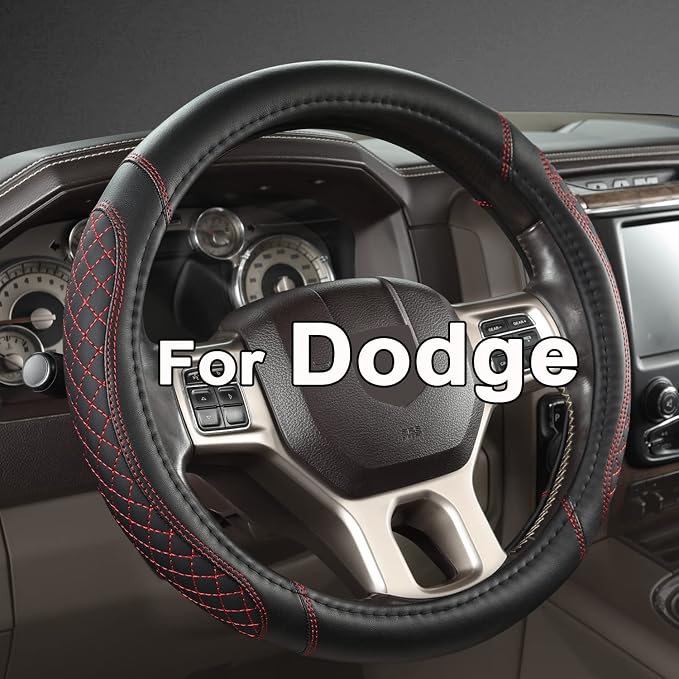Customized Auto Car Steering Wheel Cover for Dodge 1989-2011 RAM 1500 2500 3500, Charger, Durango, Challenger (Diamond Quilted-Black+Red-Standard Size)