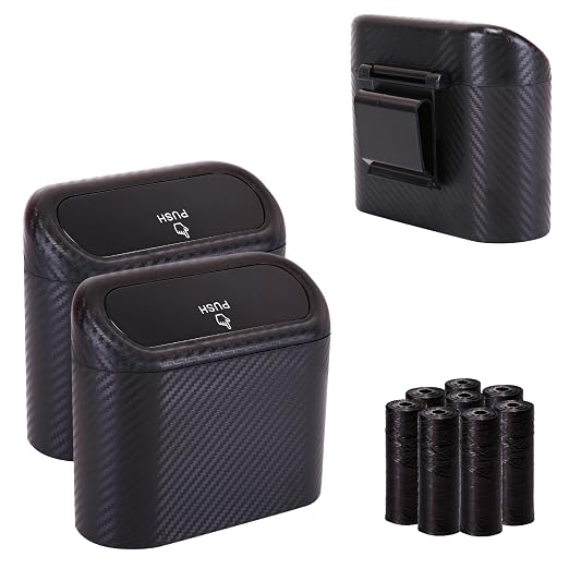 Mini Car Trash Can with Lid, Small Car Garbage Can, Cute Leakproof ABS Car Trash Bin, Car Accessories for Interior, Garbage Bin for Car, Home, Office with 120pcs Trash Bags Carbon Fibre
