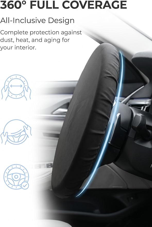 Car Steering Wheel Cover, Waterproof Sunproof Heat-Insulated Steering Wheel Protector, Thickened Soft Full-Coverage Car Interior Accessory, Universal for Most Cars (Black)