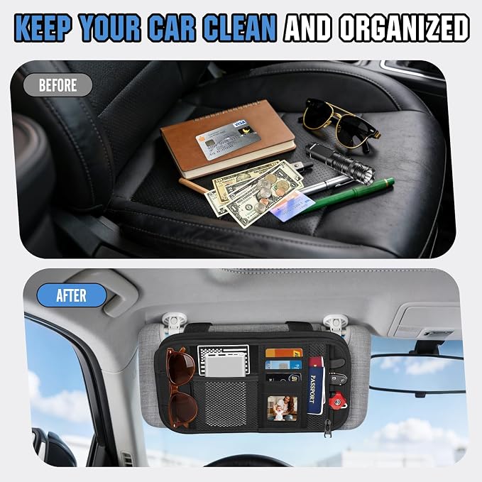 Car Sun Visor Organizer, Tactical Car Accessories with Zipper Storage Pouch, Glasses Clip Card Sleeve Pocket, Multi-Pocket Visor Organizer Fits Most Cars, SUVs, Trucks