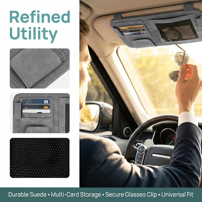 Car Sun Visor Organizer, Multi-Pocket Vehicle Sun Visor Storage Pouch with Sunglasses Clip, Auto Interior Sunshade Eyeglasses Card Holder Organizers, Universal for SUV Sedan Truck (Gray)