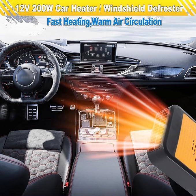 Portable Car Heater & Defroster – 12V 200W Fast Heating and Cooling Fan | Plug In Cigarette Lighter Windshield Defogger,with 360° Rotatable Portable Car Heaters for Vehicle, Car, SUV & RV