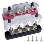 4 x #10 (M5) Studs Bus Bar, 4.2" Power/Ground Distribution Block Brass Battery BusBar Junction with Cover for Auto Boat Amplifier and More (Red & Black)