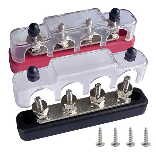 4 x #10 (M5) Studs Bus Bar, 4.2" Power/Ground Distribution Block Brass Battery BusBar Junction with Cover for Auto Boat Amplifier and More (Red & Black)
