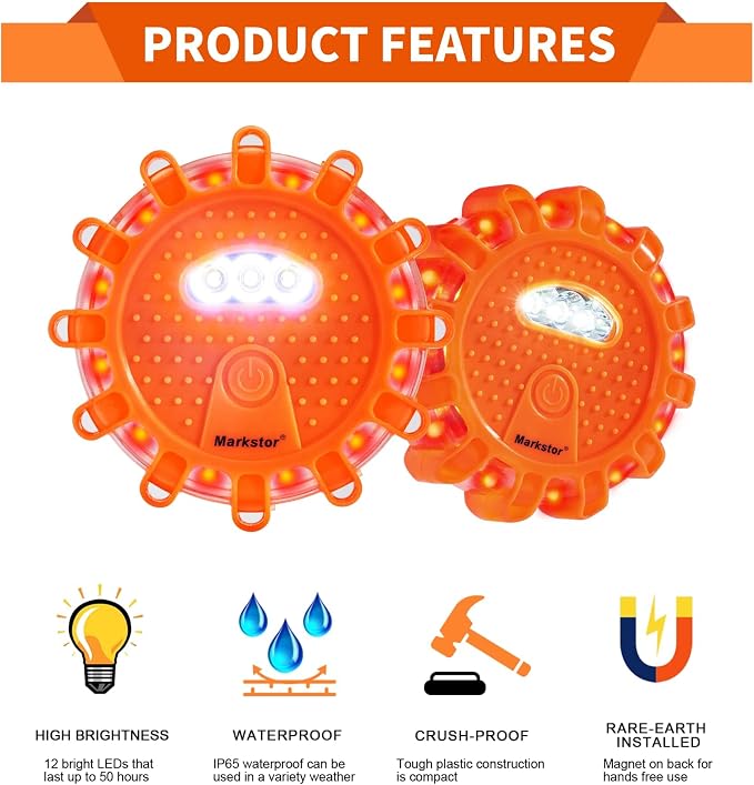 LED Road Flare Warning Light Full Emergency Safety Kit Battery Powered with Hammer Whistle Gloves