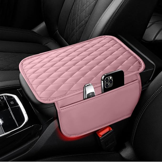 Car Center Console Cover, Upgraded Microfiber Leather Car Arm Rest Cover with 2 Storage Bags Universal Armrest Cover for Car Storage Box Car Interior Accessories Protector for Most Vehicle-Pink