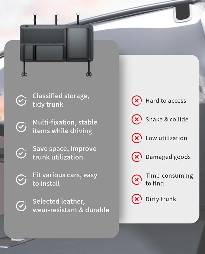 PU Leather Hanging Trunk Organizer, 36in Black | Sturdy Non-Sagging, Tool-Free Install, Fits SUV & Truck, Waterproof Easy Clean, Vertical Backseat Storage