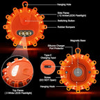 USB Rechargeable LED Road Flares Emergency Lights with Magnetic Base, 9 Strobe Options Roadside Emergency Warning Car Safety Beacon Flashing Disc Flare Kit for Vehicles & Boat (Orange Lights, 3 Pack)