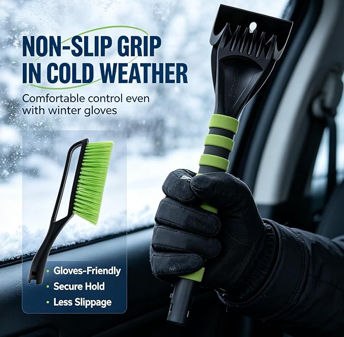 14-Inch Ice Scraper & Snow Brush Combo – Non-Slip Comfort Grip, Impact-Resistant ABS, -40°F Bristles, and Storage Bag Included – Must-Have Winter Tool for Vehicles