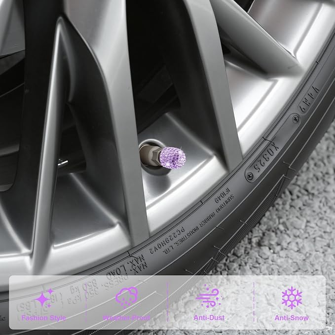 4 Pack Handmade Crystal Rhinestone Car Tire Valve Stem Caps, Car Wheel Tire Valve, Attractive Dustproof Bling Car Accessories, Universal for Cars, Trucks and Motorcycles-Purple