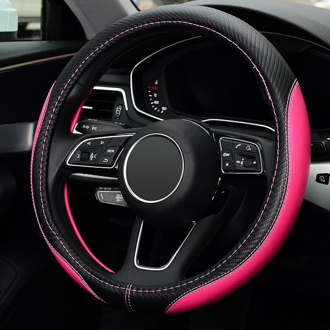 Microfiber Leather Auto Car Steering Wheel Cover, Universal Fit 15 Inch Anti-Slip Wheel Protector, Pink