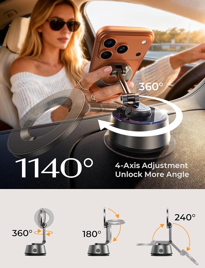 Suction Phone Mount【2026 Auto Vacuum 3.0】, 360 Adjustable Magnetic Phone Holder for Car Dashboard Universal Magsafe Accessories Gifts for Men Women for iPhone 17 Pro Max Air 16 15 14 13 12