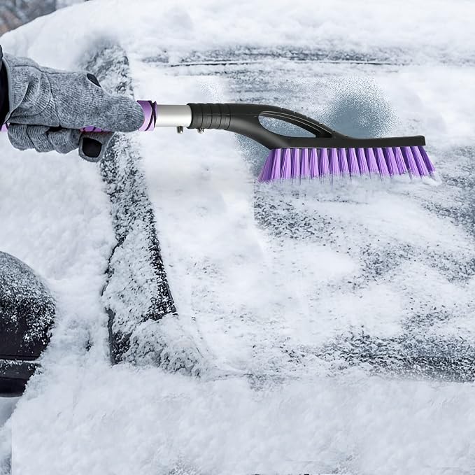 2 Pack 27" Snow Brush and Ice Scraper for Car Windshield - Purple | Soft Non-Scratch Bristles, Non-Slip Foam Grip, Detachable Design, Car Snow Removal Tool for Windshields & Windows
