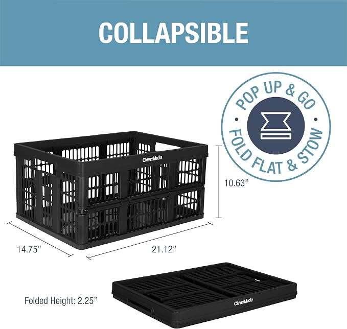 Collapsible Utility Crates, Obsidian, 3 Pack, 45L/11 Gal, 66 lbs Capacity, Stackable Containers, Heavy Duty, Space-Saving Baskets,Polypropylene (PP)