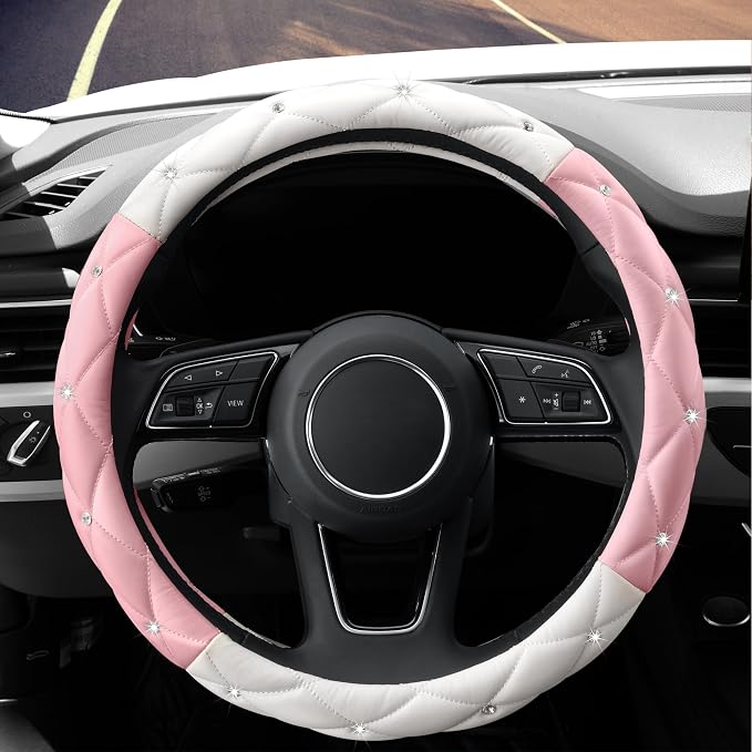 Cute Diamond Soft Leather Steering Wheel Cover with Bling Bling Crystal Rhinestones, Universal 15 Inch for Women Girls, Fit Vehicles, Sedans, SUVs, Vans, Trucks - Light Pink and White